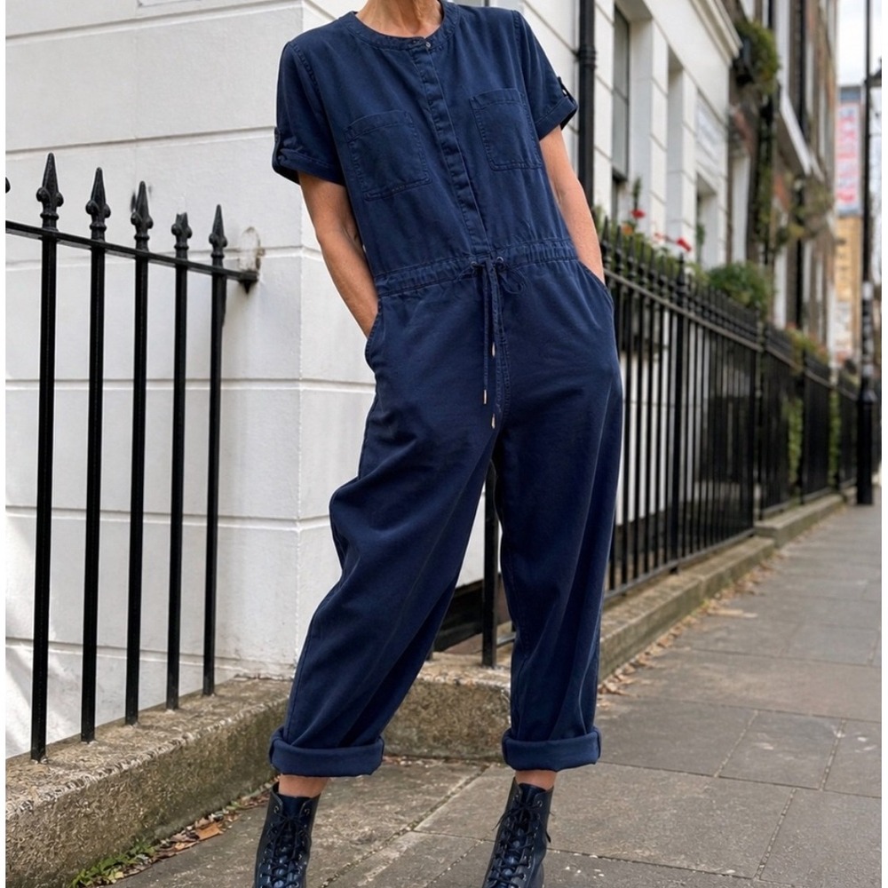 Fat Face Navy Blue Short Sleeve Button Front Jumpsuit Womens 6 EUC